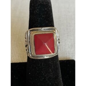 Mexico 925 Sterling Silver Pyramid Cut Red Coral Gemstone Ring Size 6 Vintage